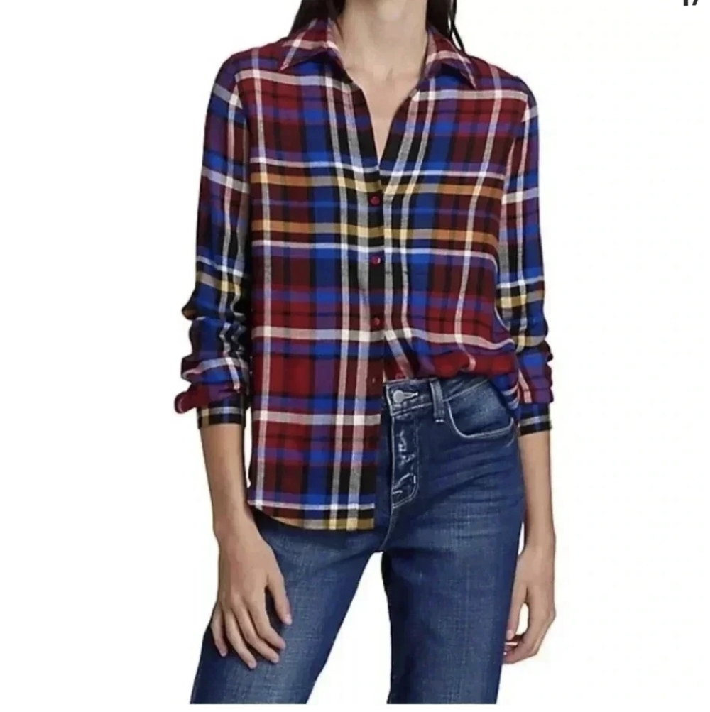 L'AGENCE Tyler Holly Blue Plaid Shirt M Silk Blend City Designer Casual #820